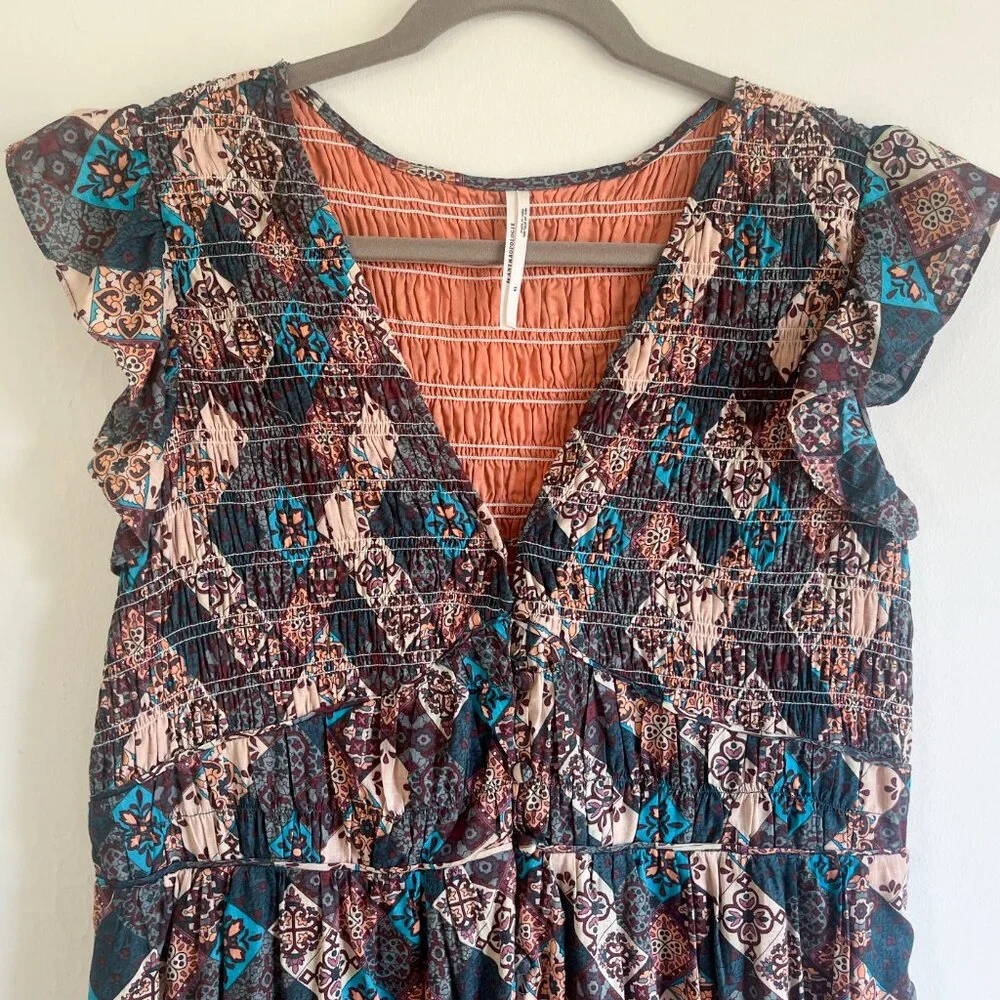 Anthropologie Smocked Ruffle Peregrine Midi Dress Turquoise Patch XL - Picture 4 of 14
